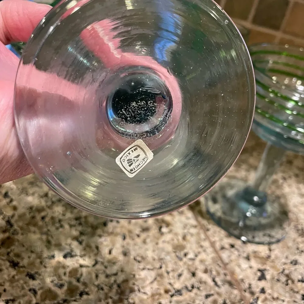 4 Hand Blown Green Glass Margarita Glasses Made in Mexico